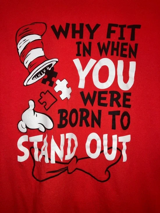 Dr Seuss Cat in the Hat Autism Awareness Puzzle Graphic Tee Red Medium Shirt - Picture 2 of 4
